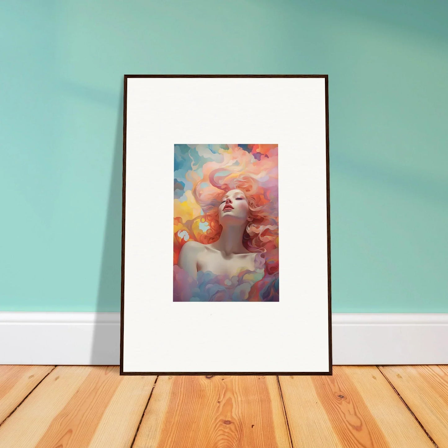 Framed wall art of a colorful woman portrait in Euphoria Epiphany for unique room decor