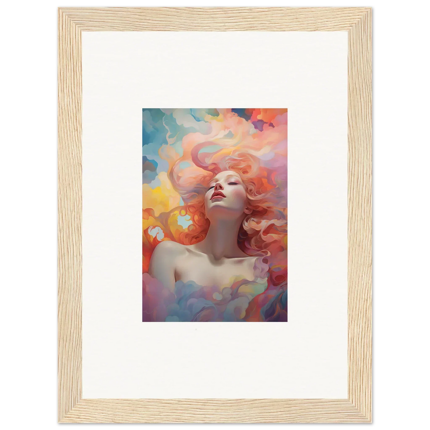 Framed wall art of a woman in euphoria epiphany surrounded by colorful elements