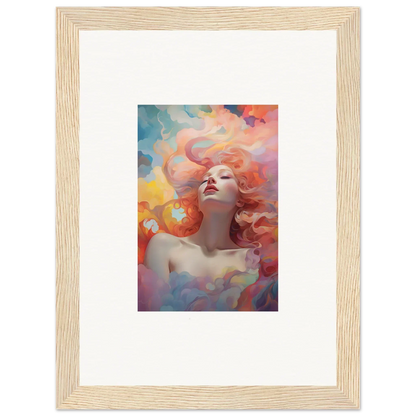 Framed wall art of a woman in euphoria epiphany surrounded by colorful elements