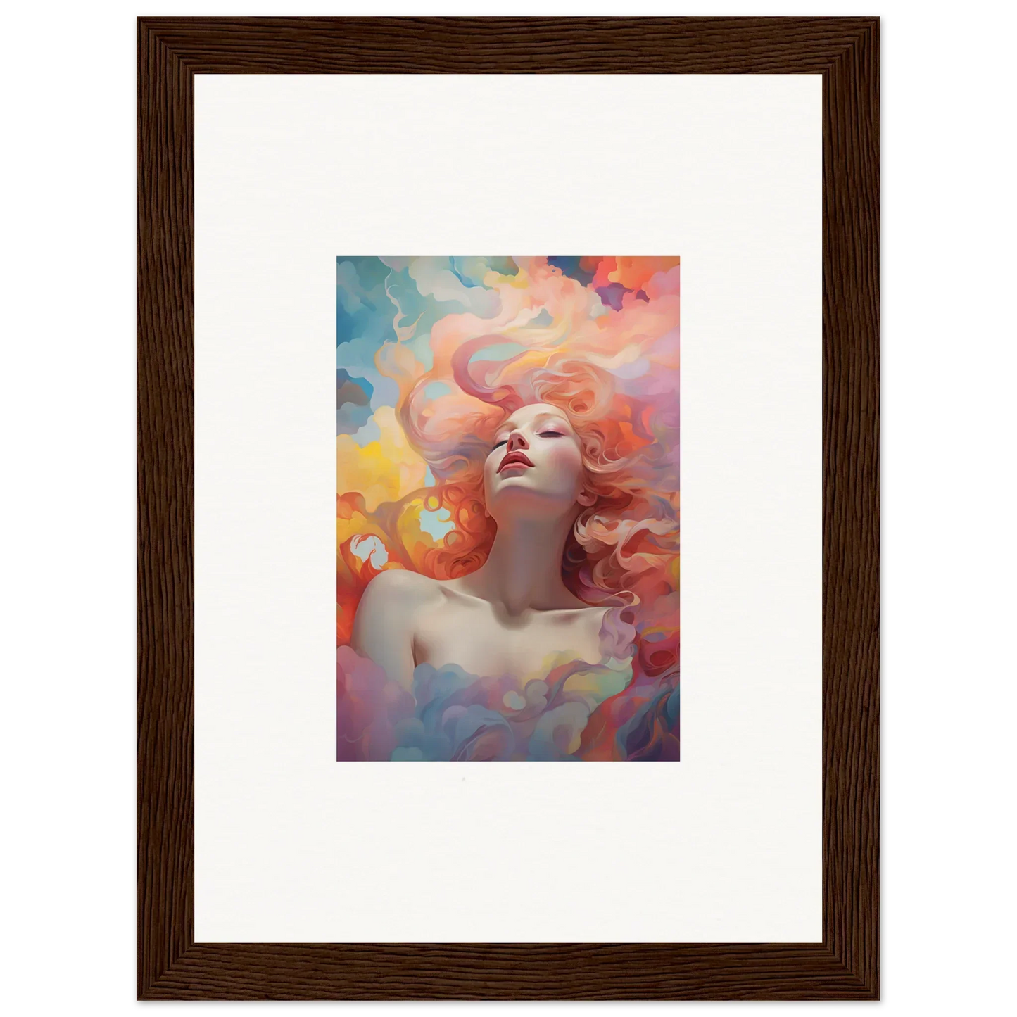 Colorful painting of a woman with flowing hair, euphoria epiphany framed wall art