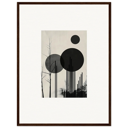 Framed abstract black and white canvas print of circles and lines for trendy room decoration