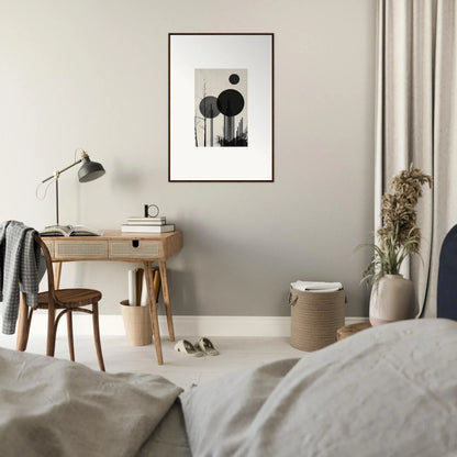 Minimalist bedroom workspace with wood desk, chair, and dropscape wandering canvas print