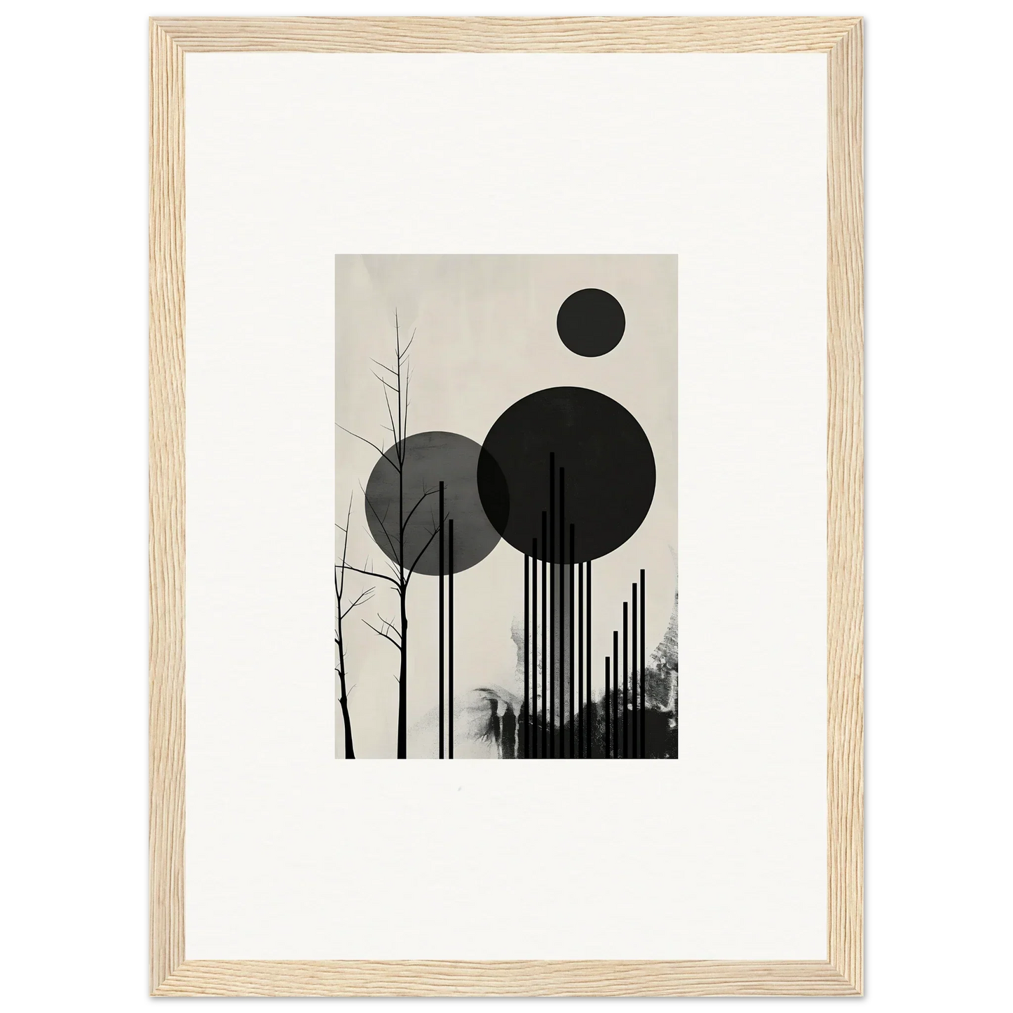 Framed minimalist black and white canvas print of dropscape wandering with geometric shapes