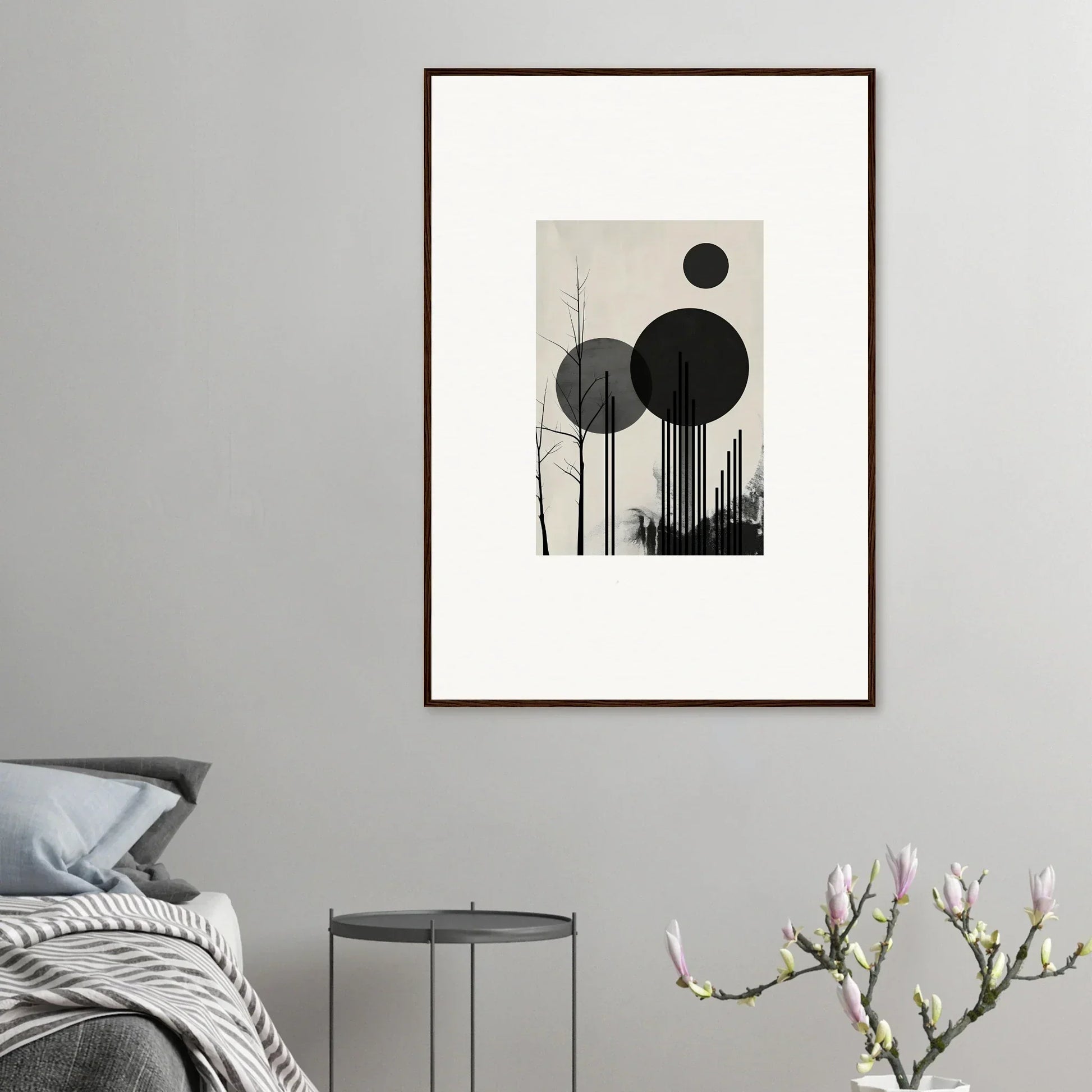 Framed canvas print of black circles and lines, perfect for dropscape wandering decor