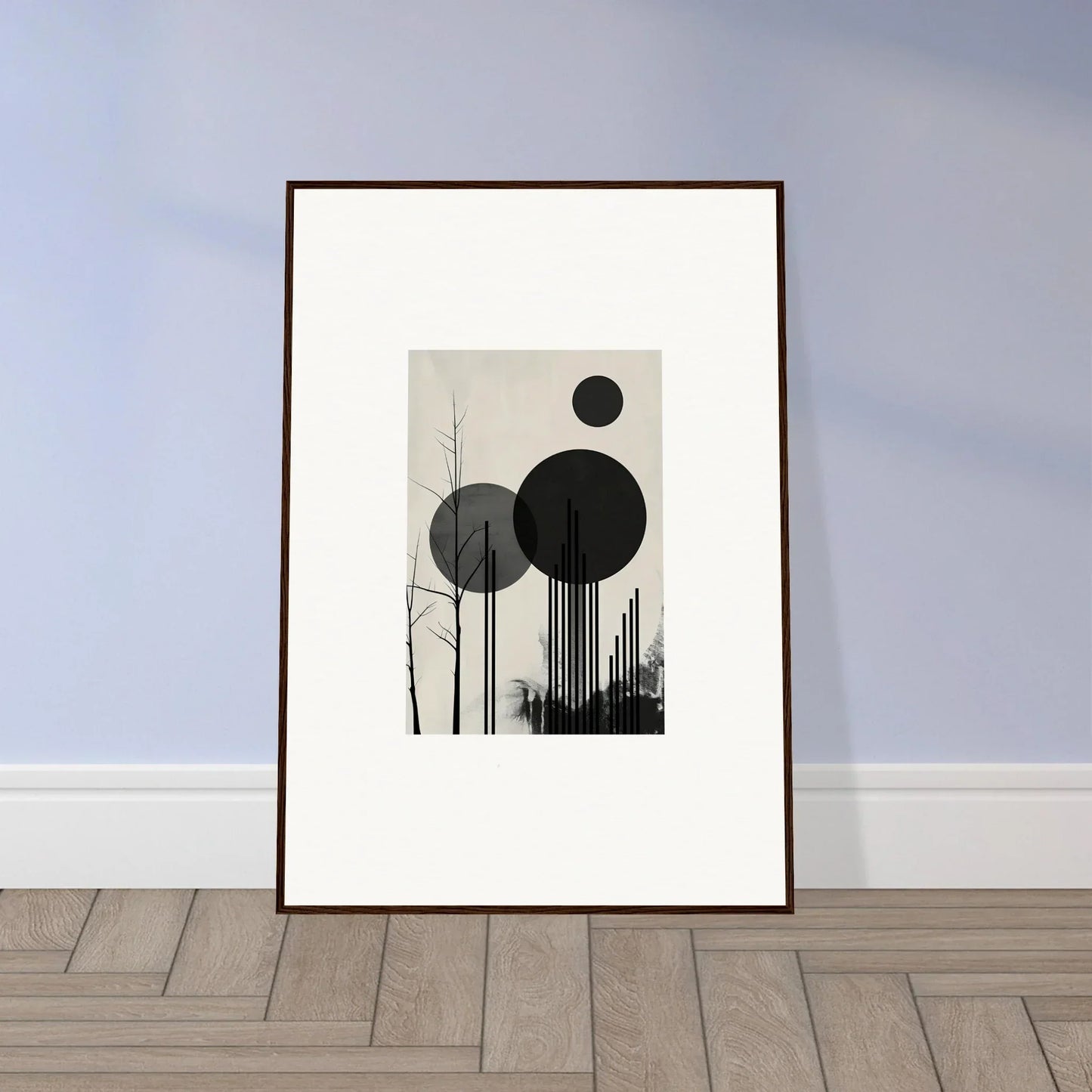 Framed abstract geometric print with black circles for stylish room decoration