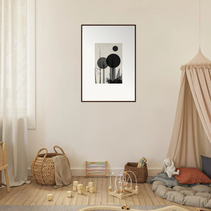 Framed abstract geometric canvas print featuring black circles for cool room decoration