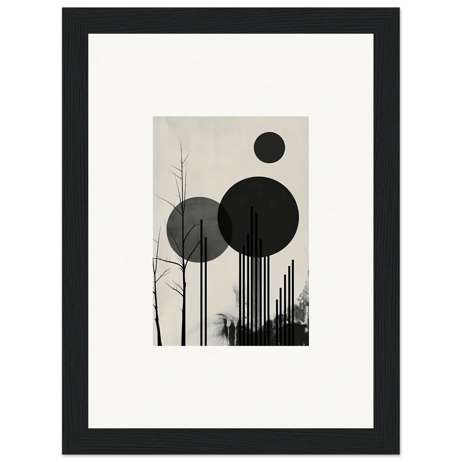 Framed abstract canvas print of geometric circles and tree silhouette for room decoration