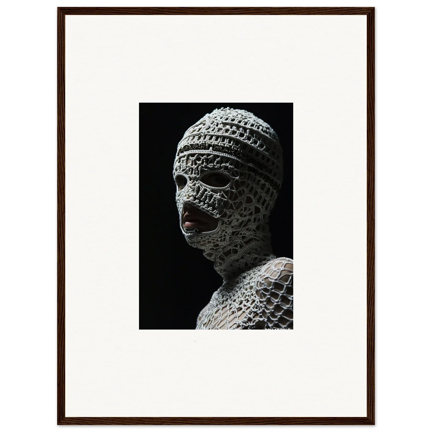 Sculpture of a head covered in intricate lace-like patterns.