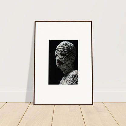 Framed black and white photograph of an ancient stone bust wearing a patterned headdress.