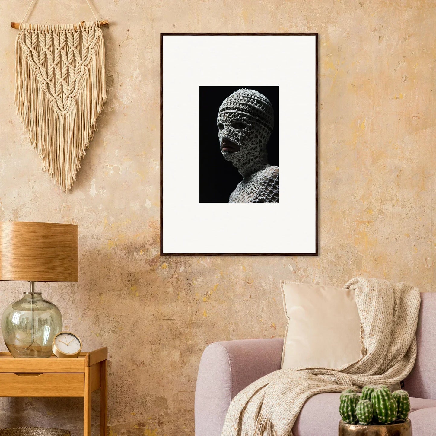 Framed black and white photograph of a sculptural bust against a dark background.