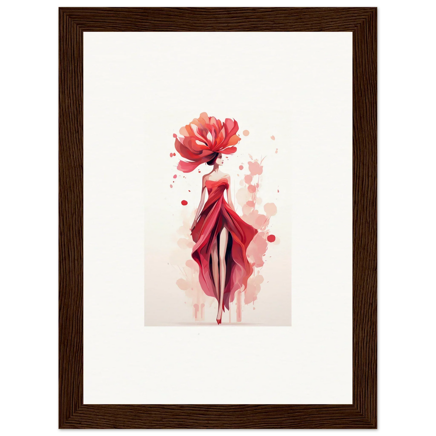 Stylized watercolor of a woman in red dress for Blossom Veil Cachet room decor