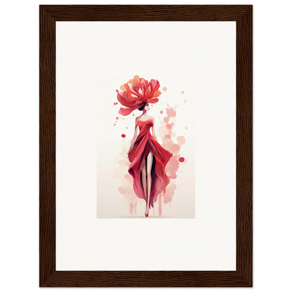 Stylized watercolor of a woman in red dress for Blossom Veil Cachet room decor