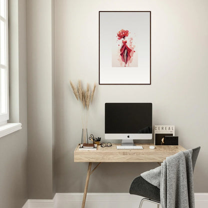 Minimalist home office with wooden desk, computer, and Blossom Veil Cachet wall art