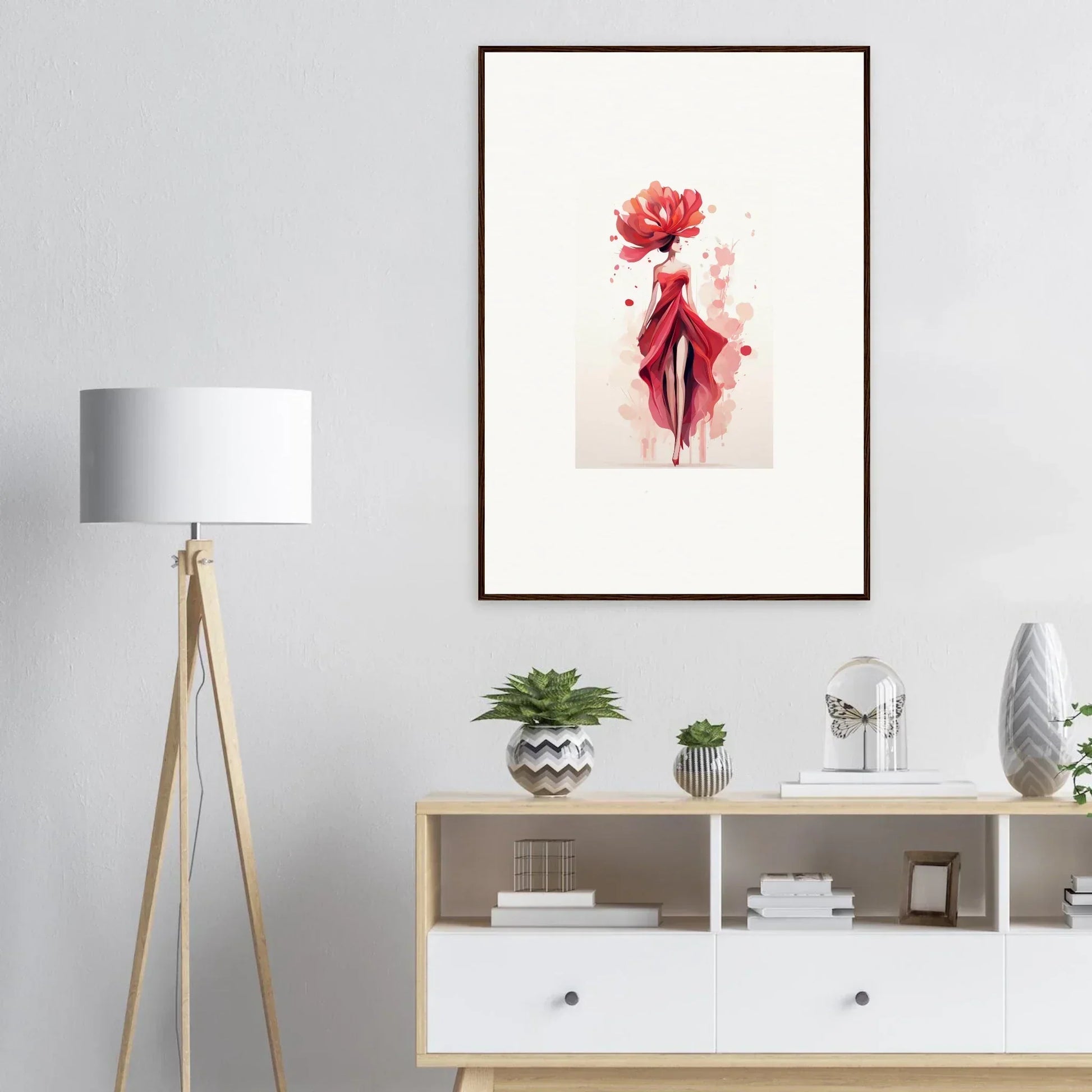 Framed watercolor painting of a red flower and abstract silhouette for room decor