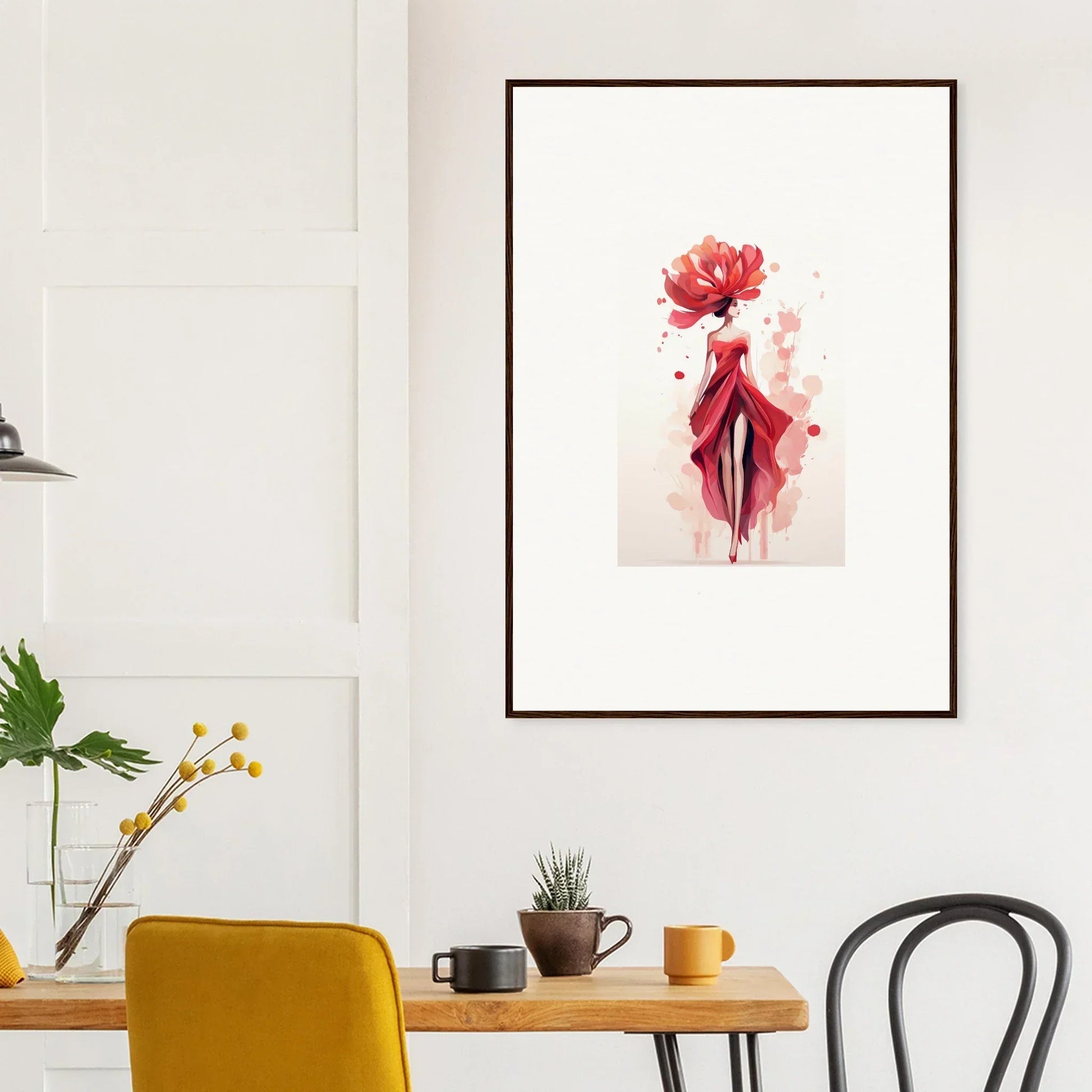 Framed wall art of a red female figure with floral headdress for elegant room decor