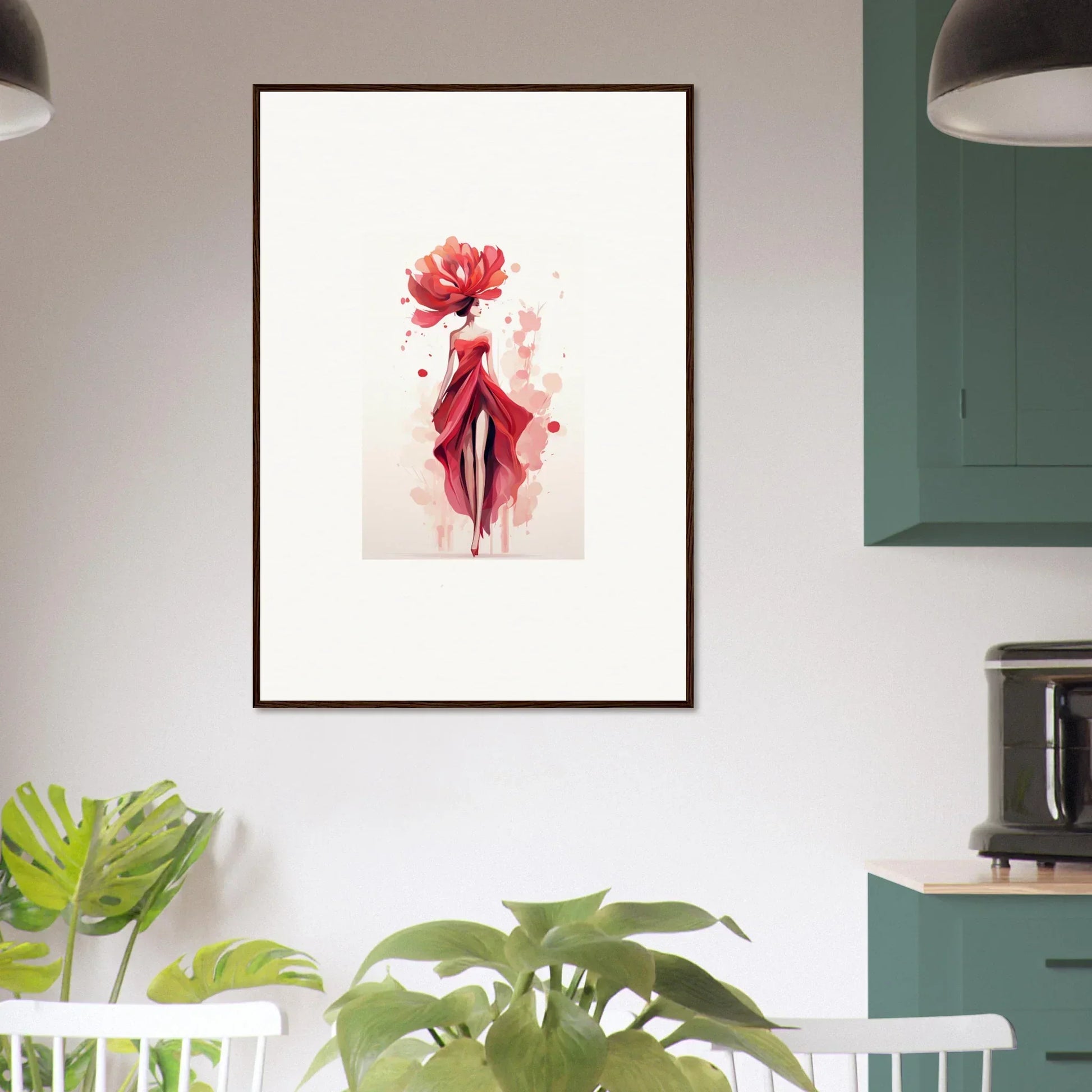 Framed wall art of abstract female figure with red floral element for elegant room decor