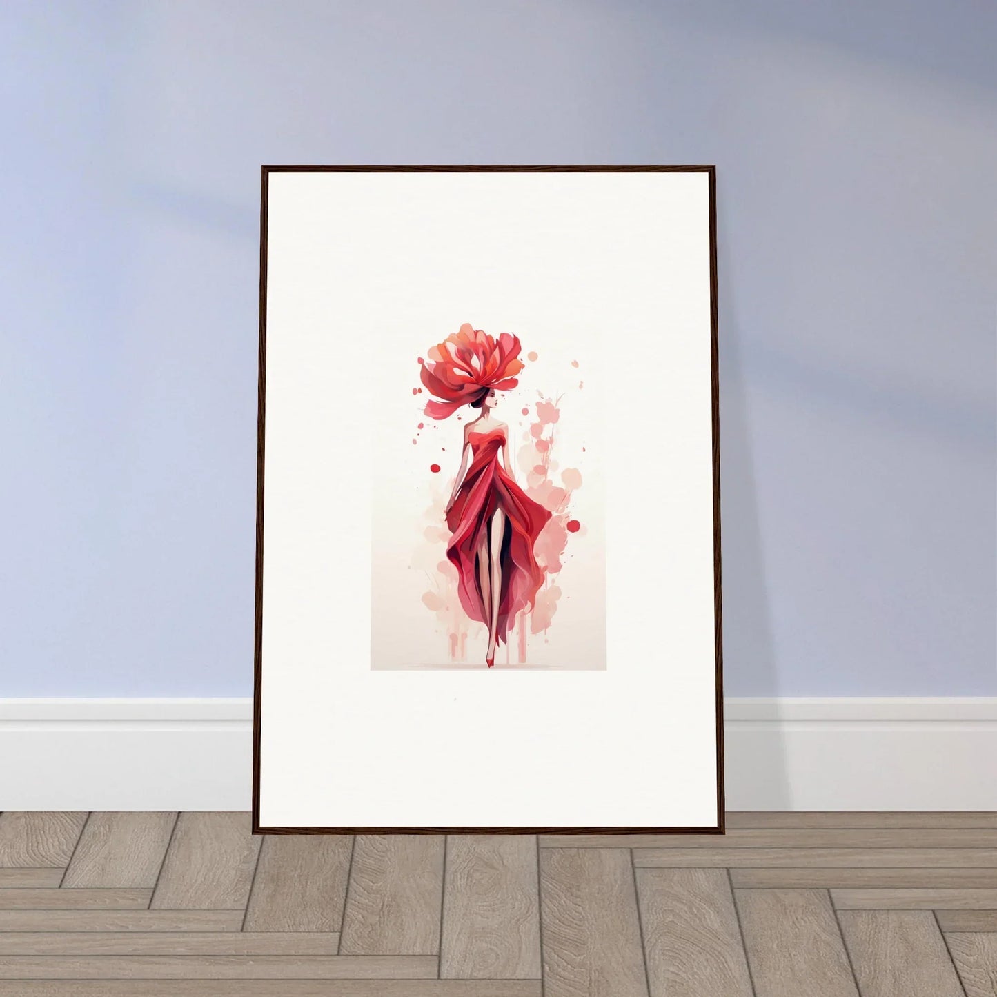 Framed wall art of stylized figure with flower head for elegant room decor