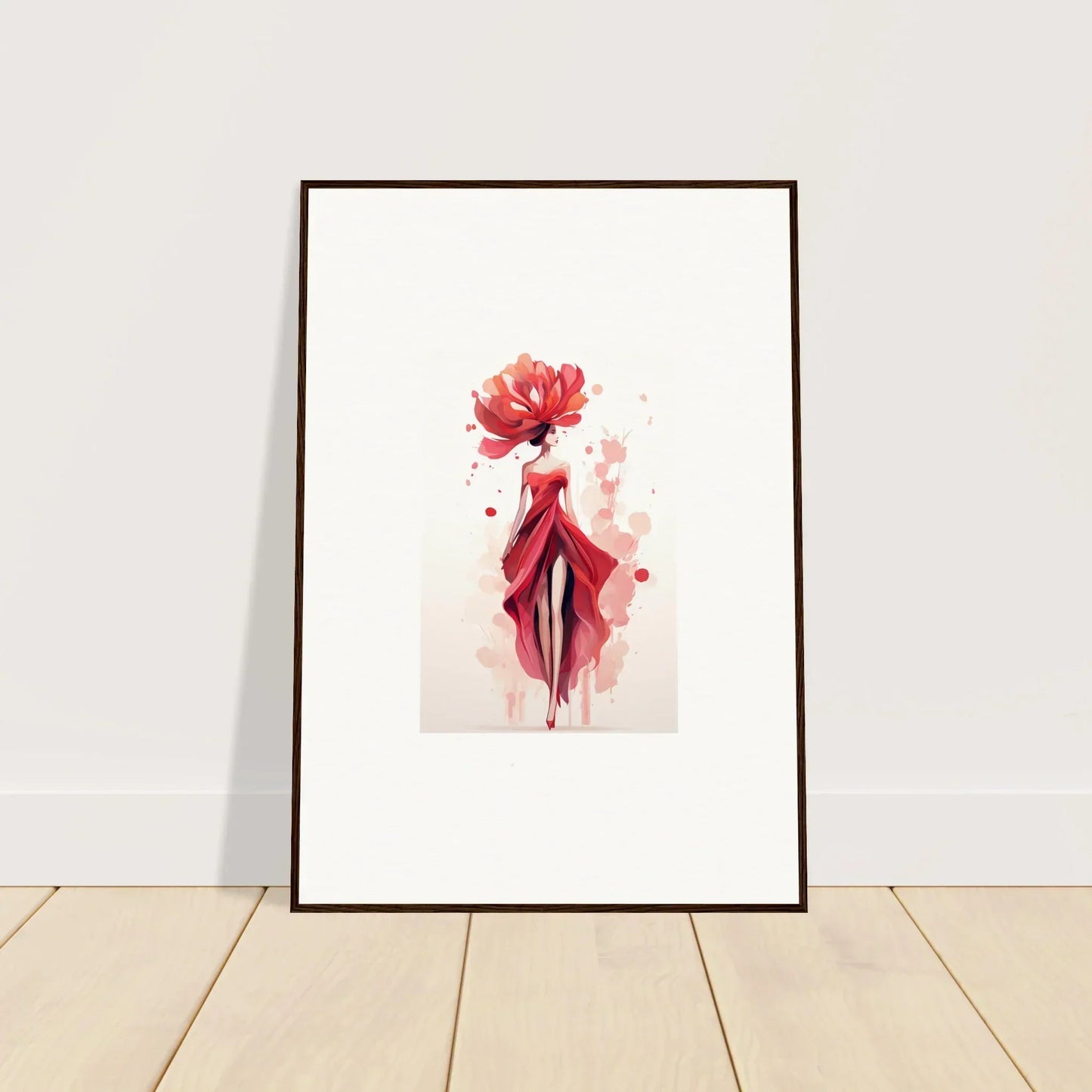 Framed wall art of an abstract female figure adorned with a flower veil cachet