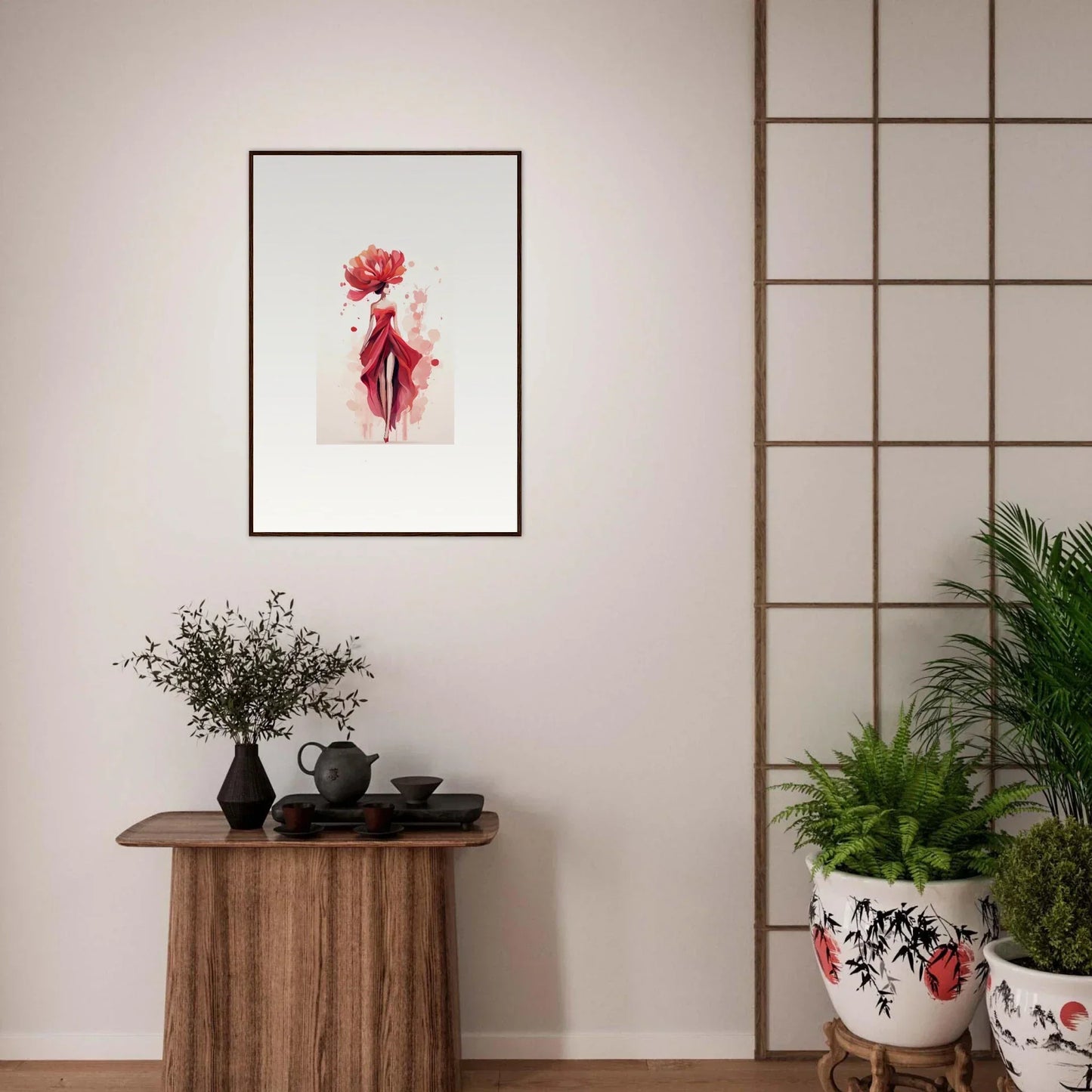 Framed wall art of red flower on feminine silhouette, perfect for veil cachet room decor