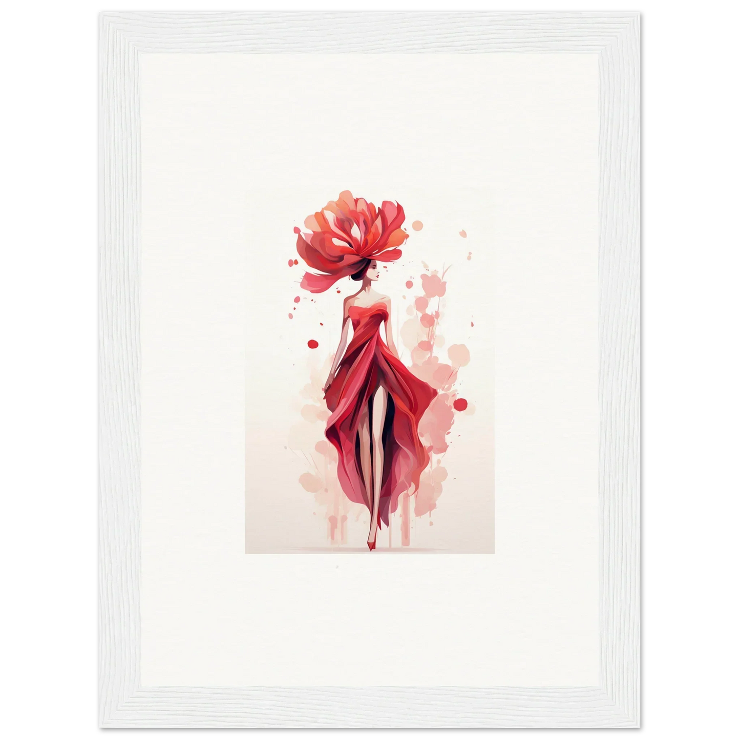 Stylized watercolor painting of a woman in red dress, ideal for Veil Cachet room decor