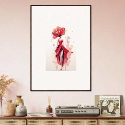 Framed wall art of a red flower-woman for elegant room decor with a veil cachet