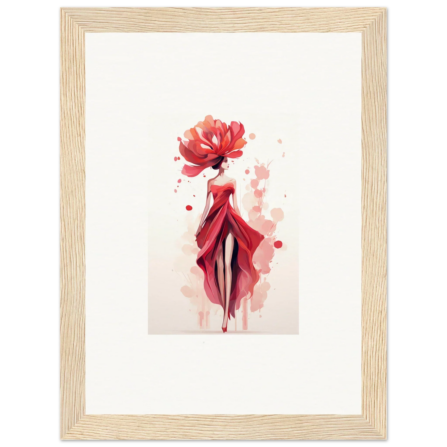 Stylized watercolor painting of a woman in a red dress for Blossom Veil Cachet wall art