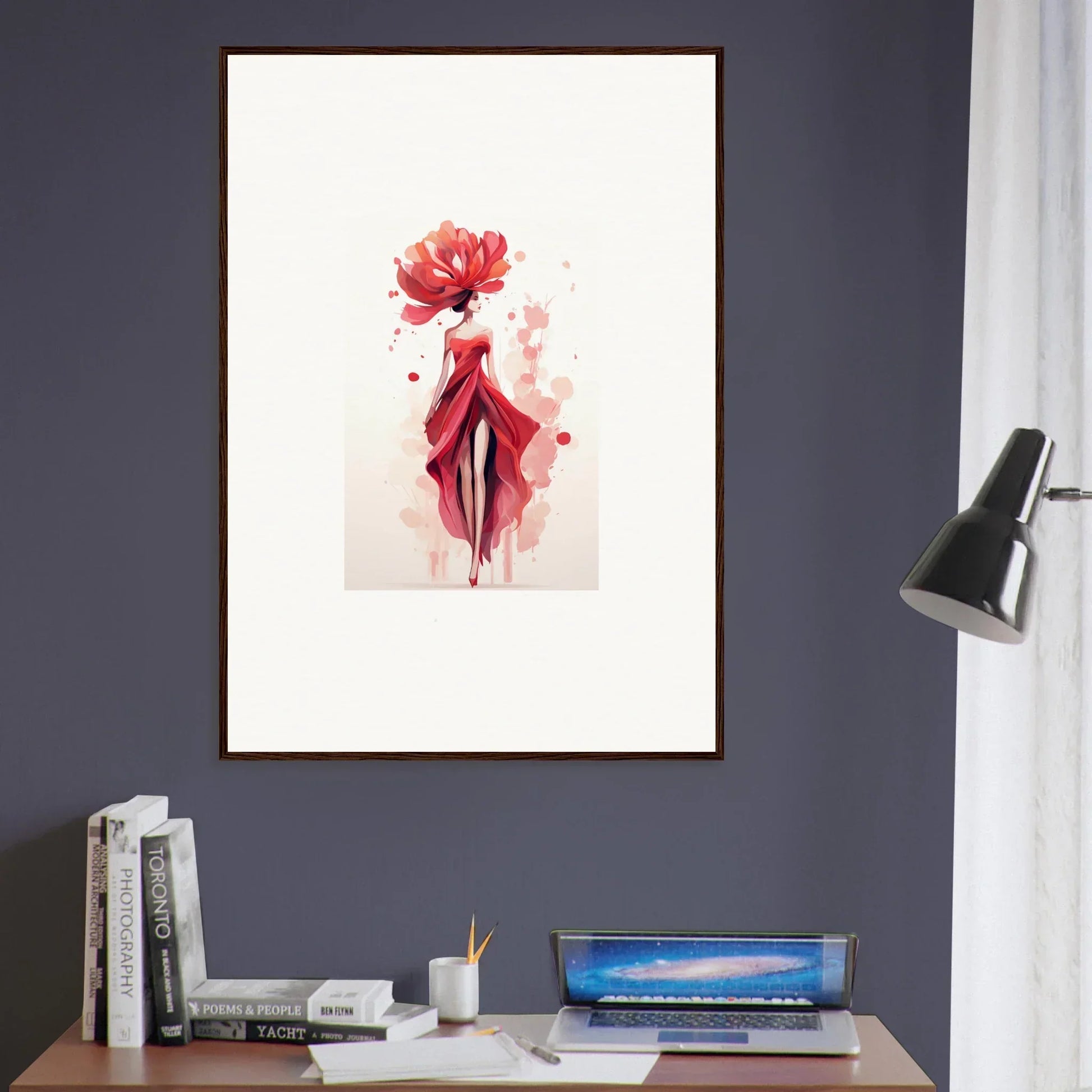 Framed wall art of abstract floral design in red and pink, perfect for room decor