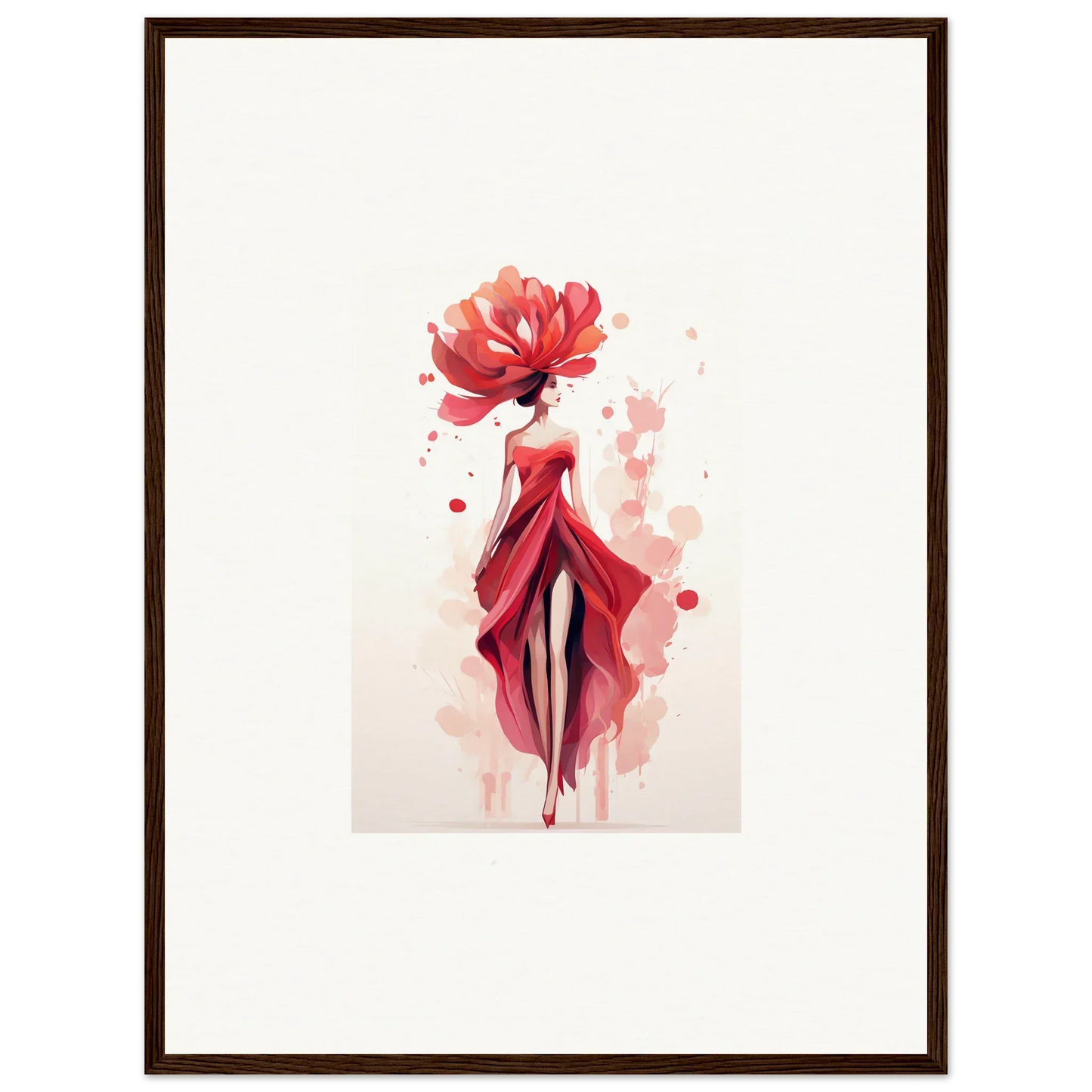 Watercolor painting of a woman in a red dress for Blossom Veil Cachet room decor