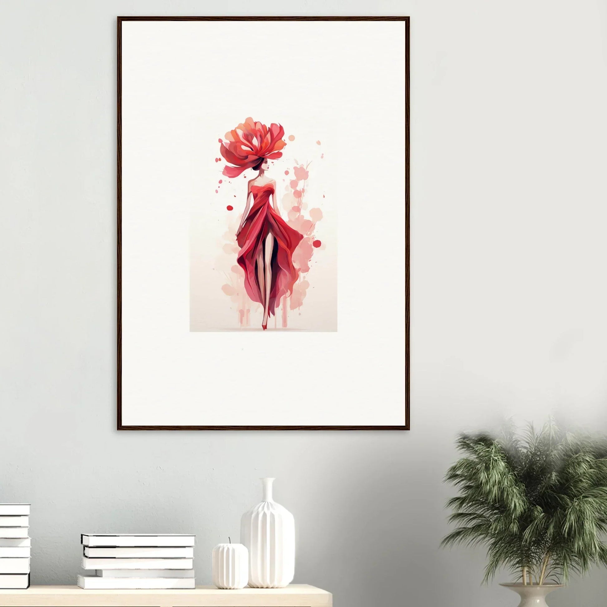 Abstract watercolor of a red flower transforming into a feminine form for room decor