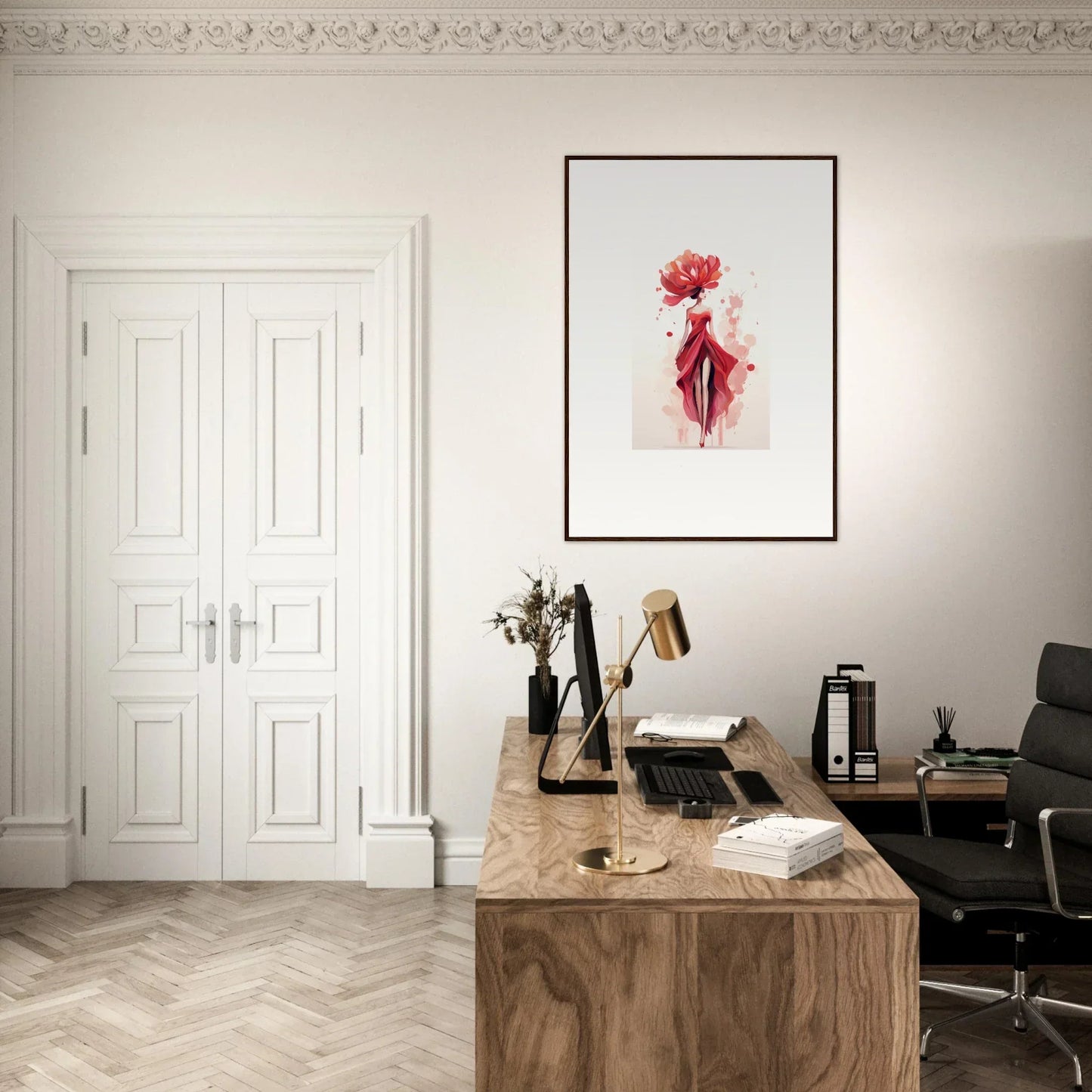 Elegant home office with wooden desk, modern decor, and framed wall art for Veil Cachet