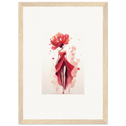 Stylized watercolor painting of a woman in a red dress for Blossom Veil Cachet room decor