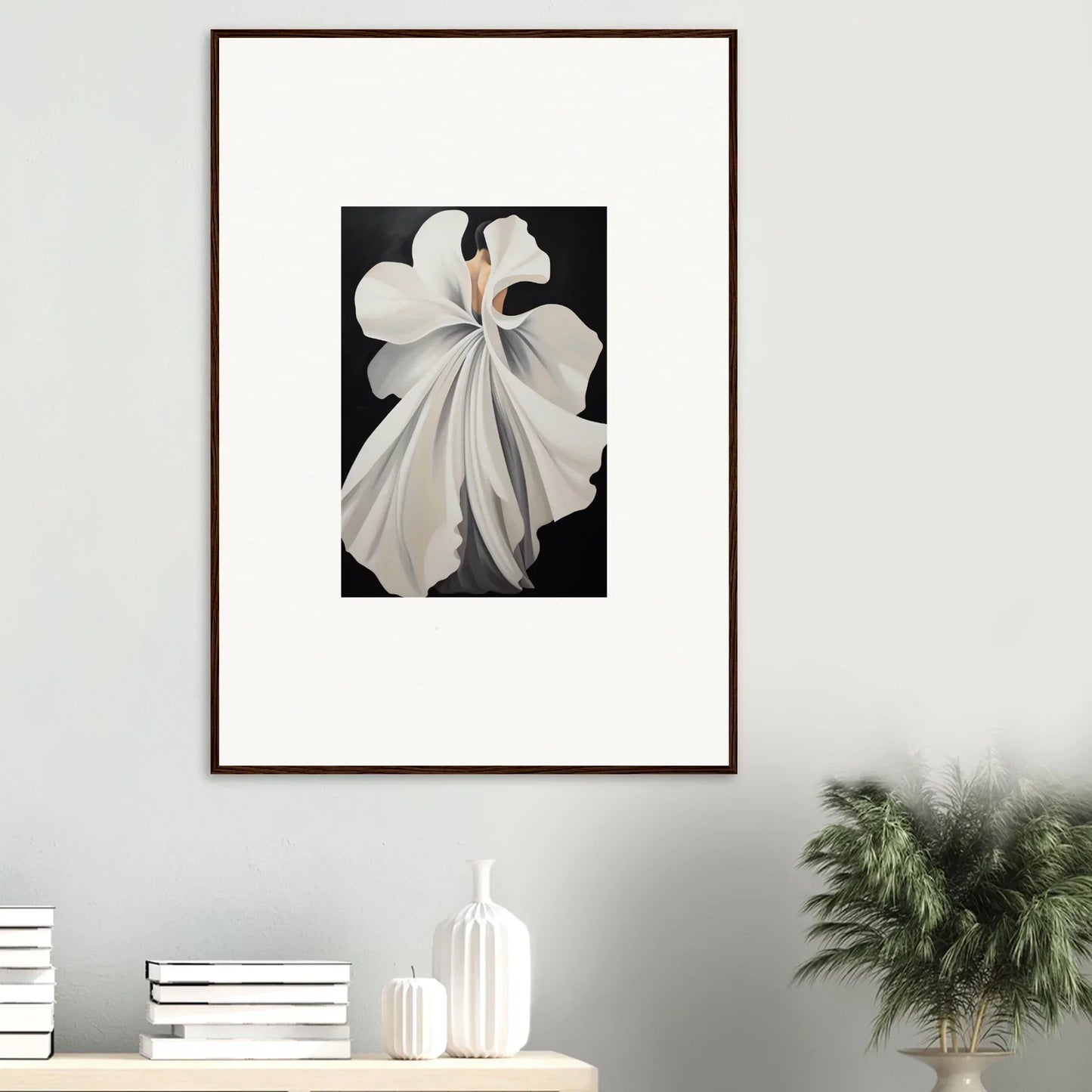 Framed wall art of a white orchid, perfect for elegant room decor with canvas waves