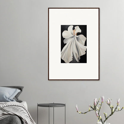 Delicate white orchid bloom on dark backdrop for elegant room decor or framed wall art