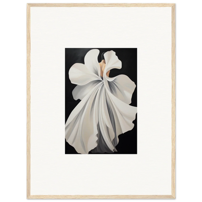 White flower with flowing petals on dark background for framed wall art and room decor