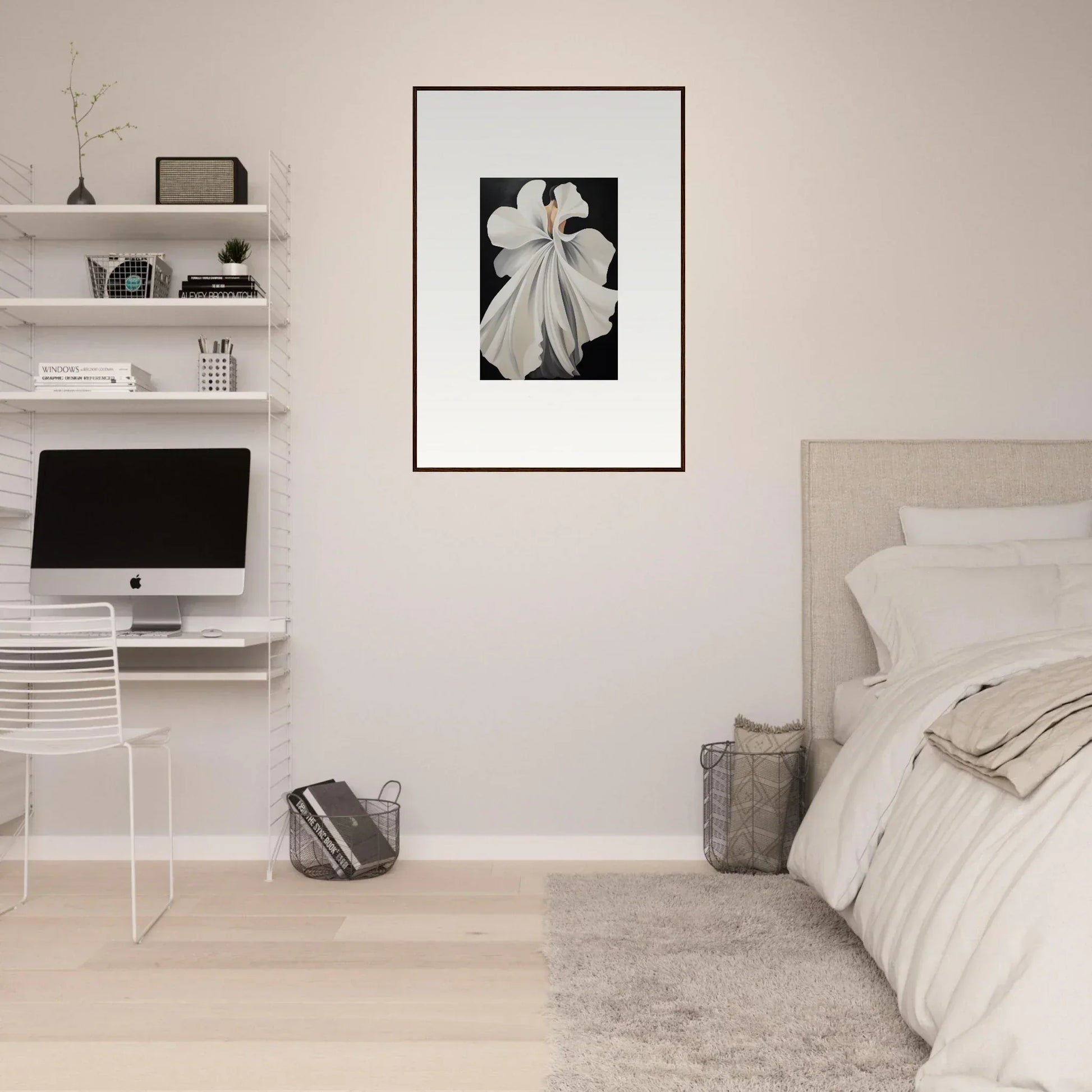 Minimalist bedroom interior with framed wall art and canvas waves on floating shelves