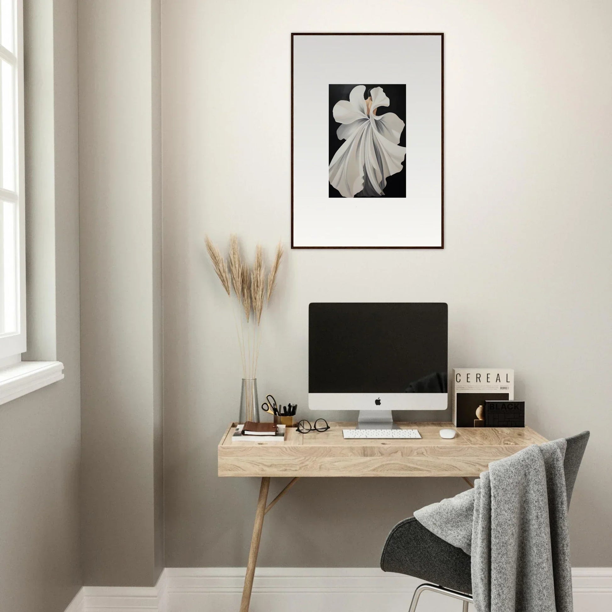 Minimalist home office with wooden desk, computer, and Framed Wall Art Canvas Waves