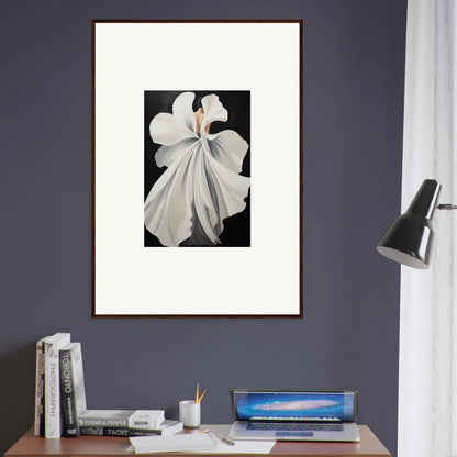 Framed wall art of a white orchid flower on a dark background for elegant room decor