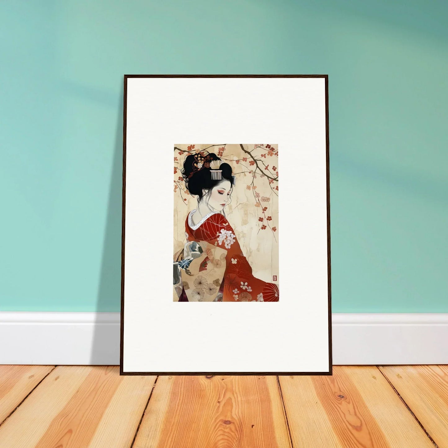 Framed Japanese woodblock print of a geisha in a red kimono for Faux Devotion Complex