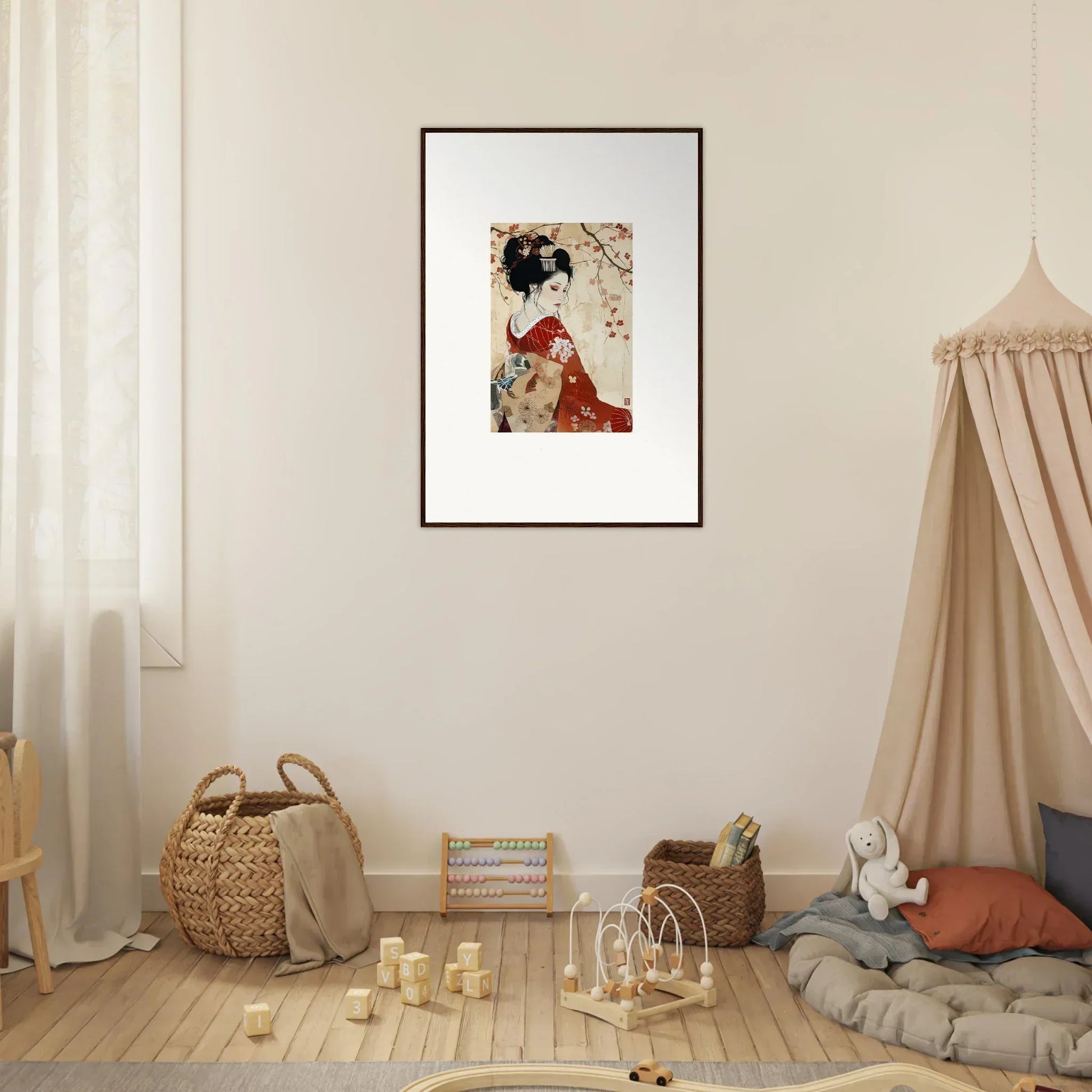 Framed Japanese geisha artwork in the Faux Devotion Complex, perfect for wall art lovers