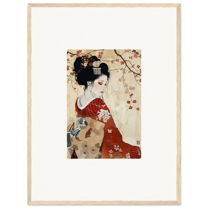 Traditional Japanese geisha in red kimono under cherry blossoms for Faux Devotion Complex