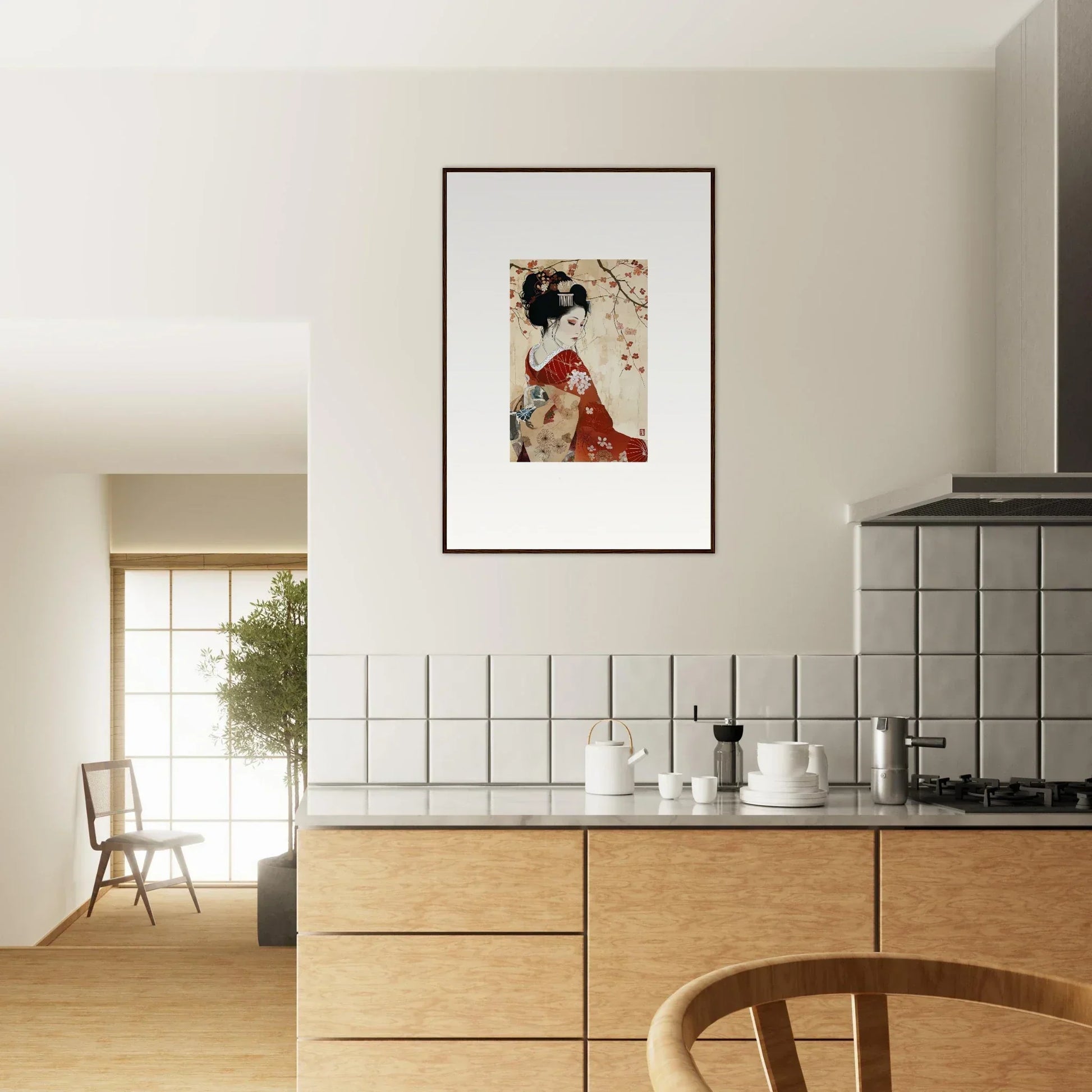 Framed Japanese Geisha artwork on a white wall from Faux Devotion Complex special edition art™