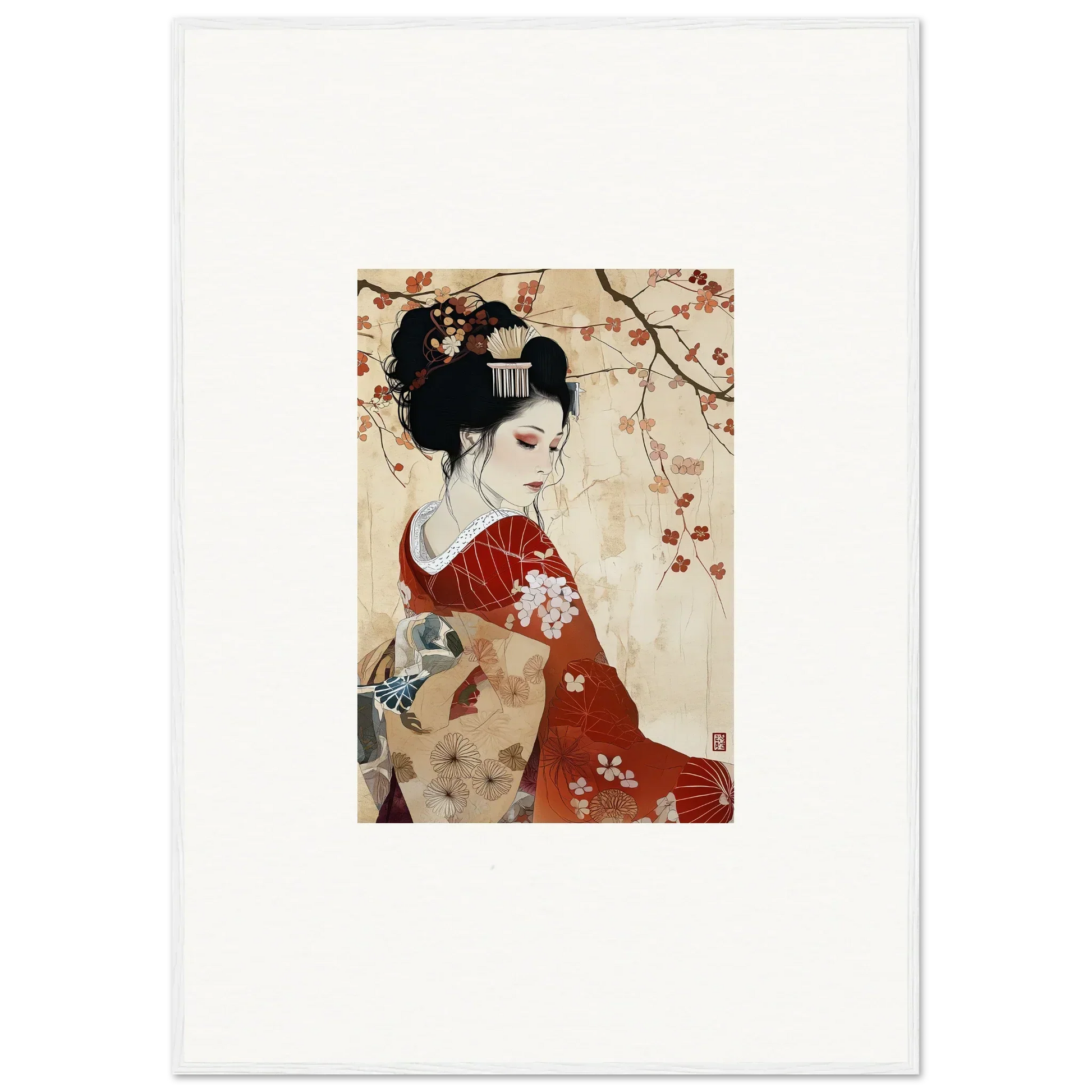 Traditional Japanese geisha in red kimono, part of Faux Devotion Complex framed wall art