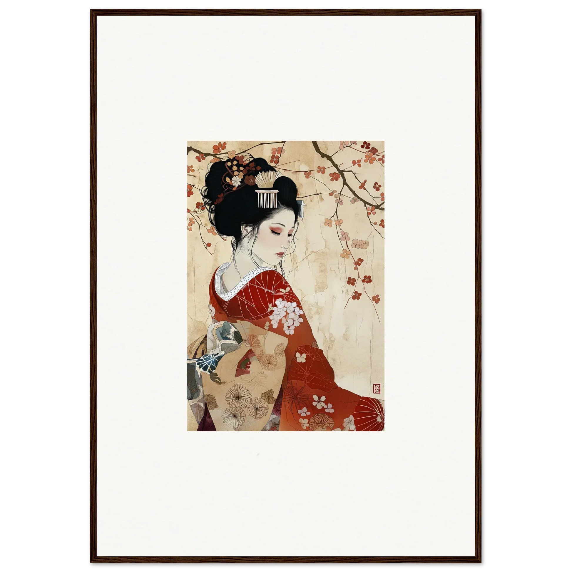 Traditional Japanese artwork of a geisha in a red kimono for Faux Devotion Complex