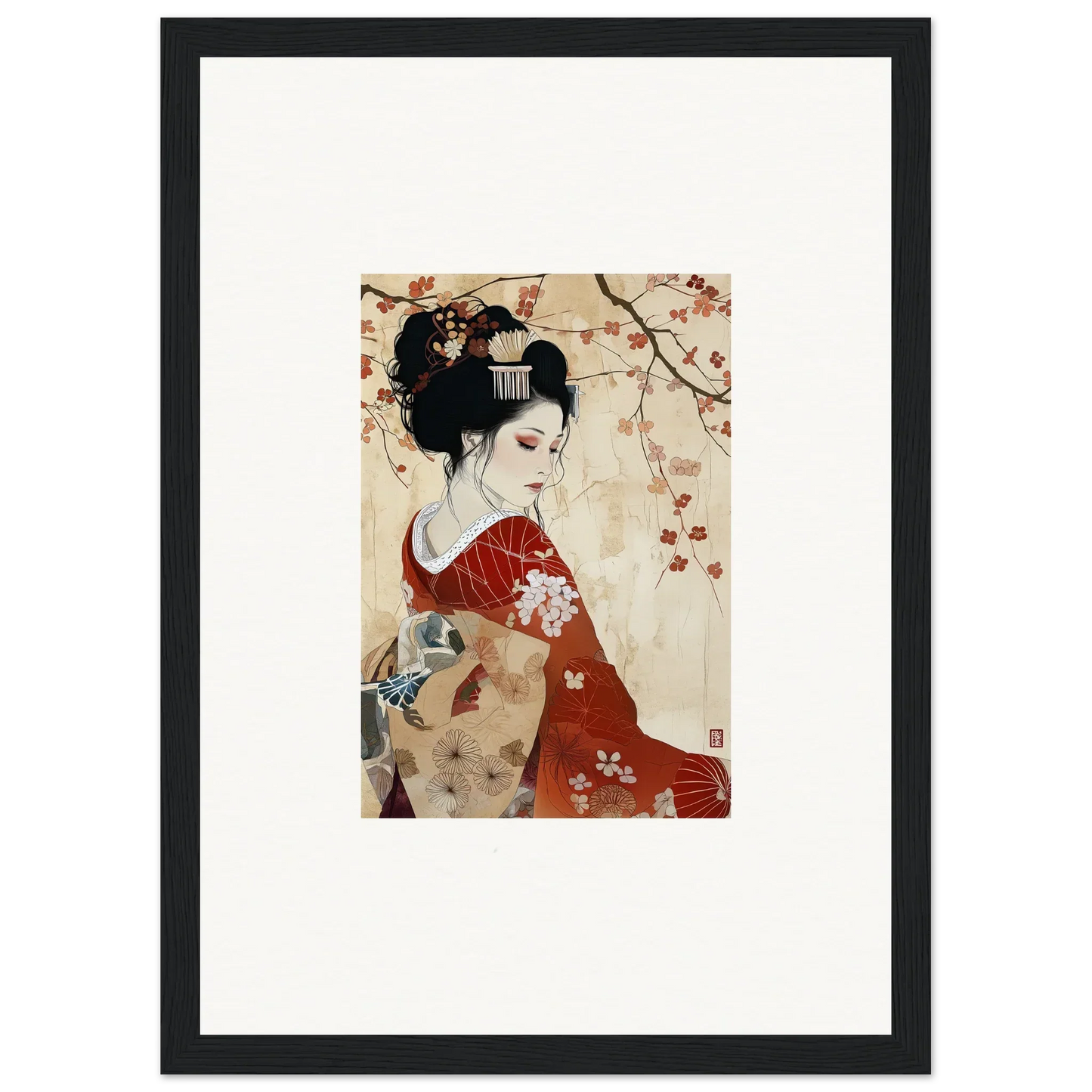 Framed wall art of a geisha in a red kimono for the Faux Devotion Complex