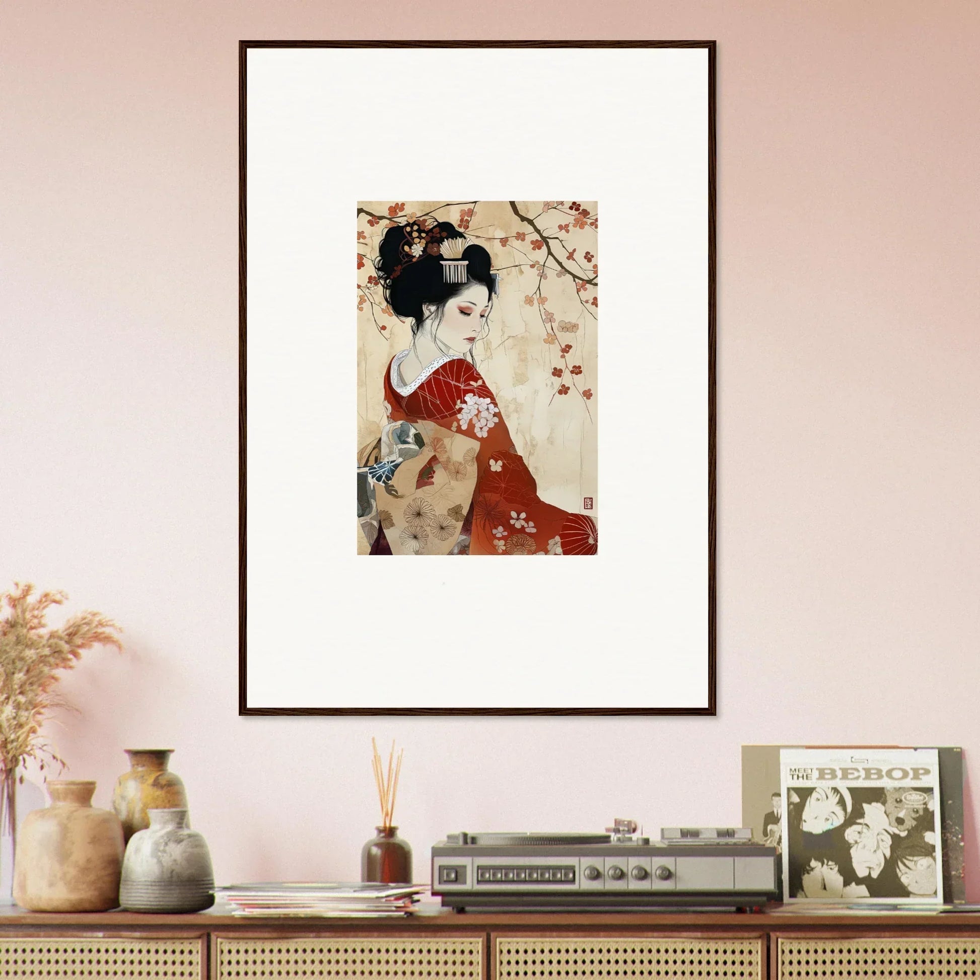 Framed Japanese geisha artwork with cherry blossoms in Faux Devotion Complex style