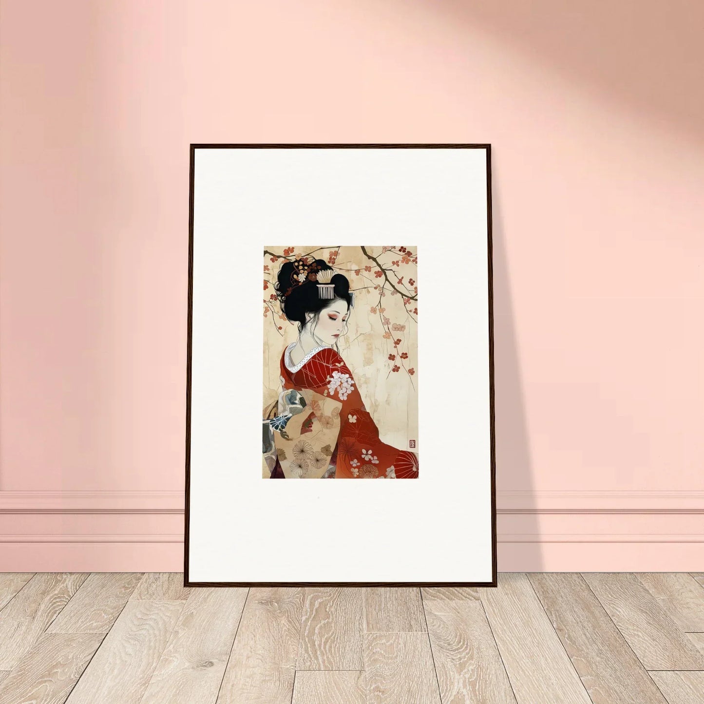 Framed Geisha artwork in red kimono and cherry blossoms for Faux Devotion Complex