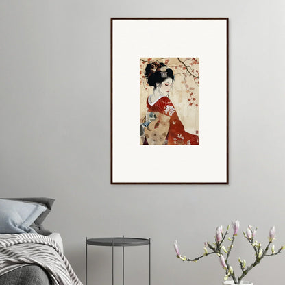 Framed wall art of a figure in a red kimono under cherry blossoms for Faux Devotion Complex