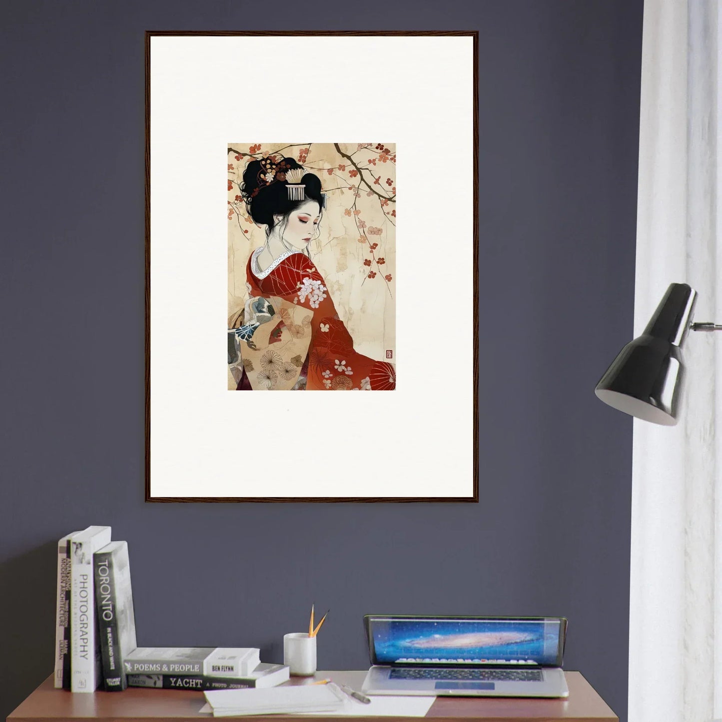 Framed wall art of a geisha in red kimono with cherry blossoms for Faux Devotion Complex