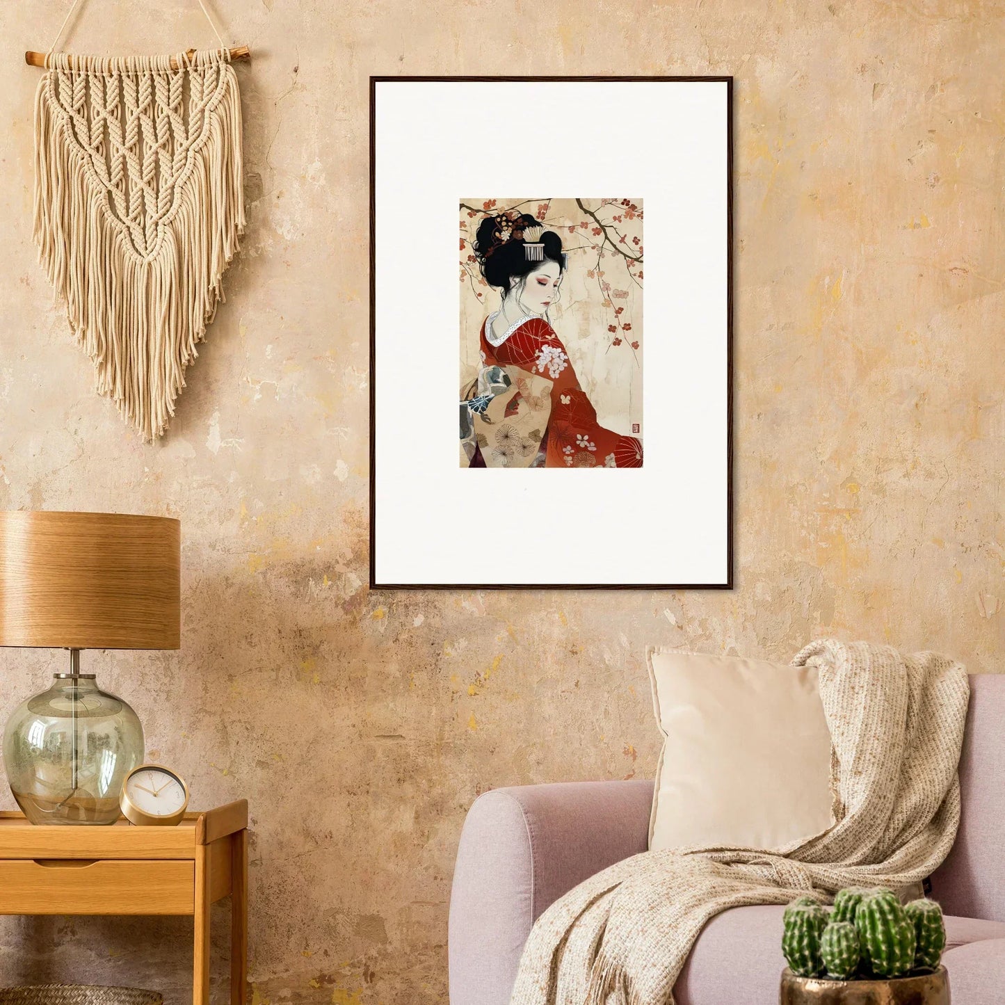 Framed wall art of a geisha in a red kimono, part of the Faux Devotion Complex