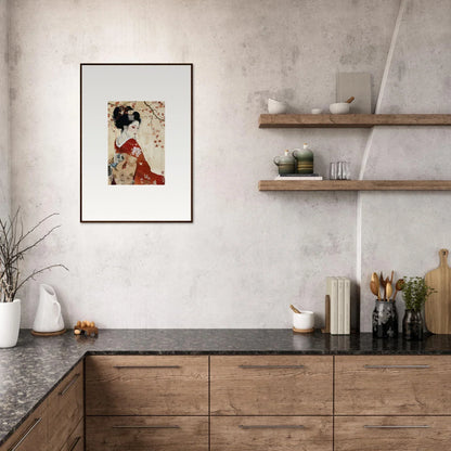 Framed wall art of a Japanese geisha in a red kimono, part of Faux Devotion Complex